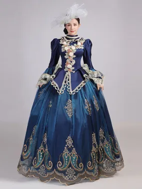 Blue  Retro Tudor Dress Costumes  Women's Lace Flowers Polyester Marie Antoinette Costume Tunic Headwear Dress Euro-Style Party 